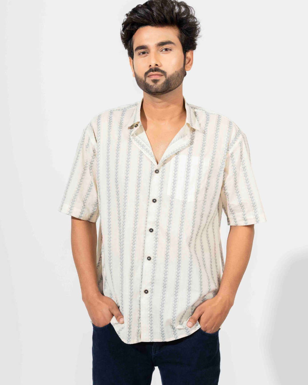 WHITE & BLACK STRIPE HALF SLEEVE OVERSIZED SHIRT