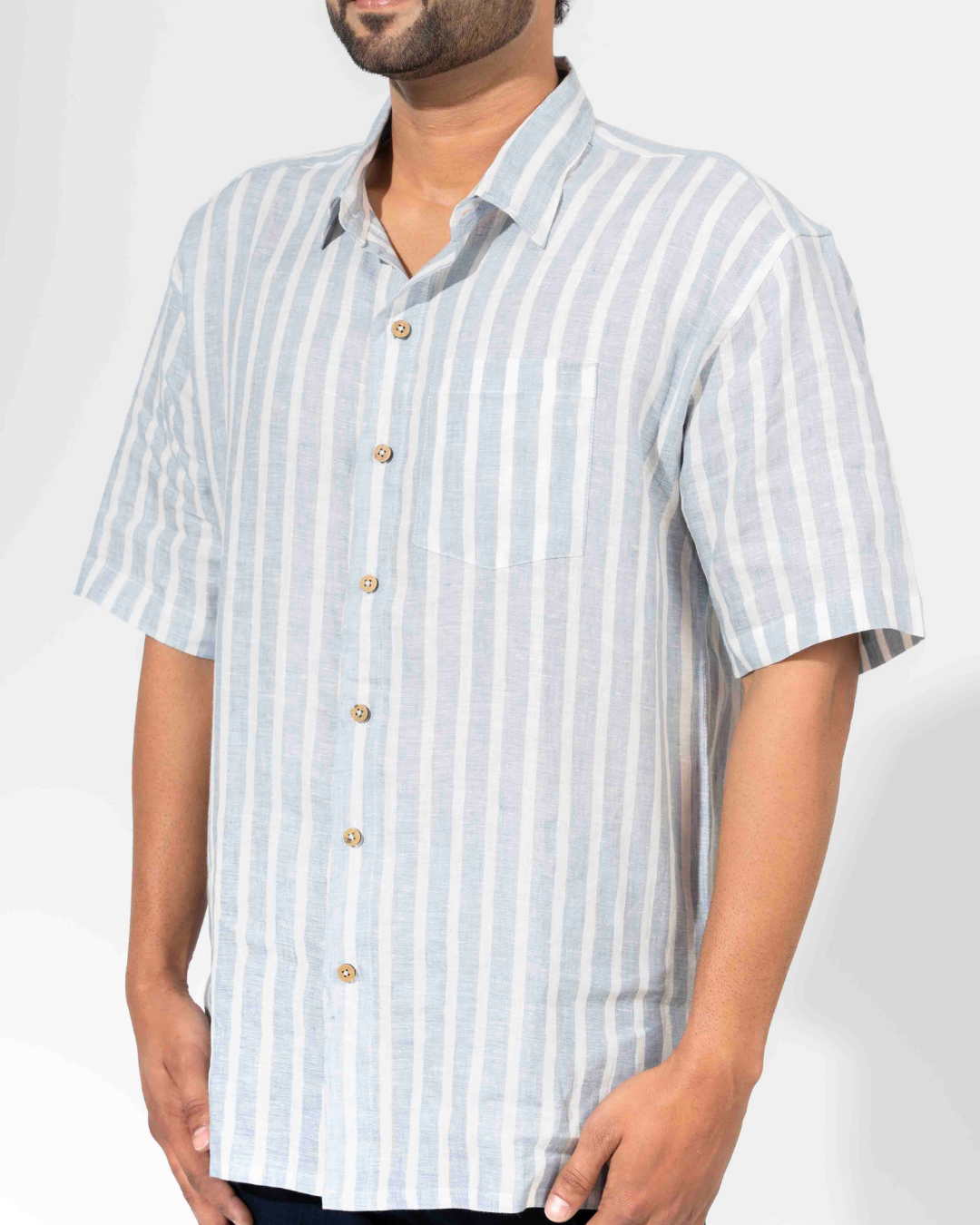 WHITE & BLUE COTTON STRIPE HALF SLEEVE OVERSIZED SHIRT