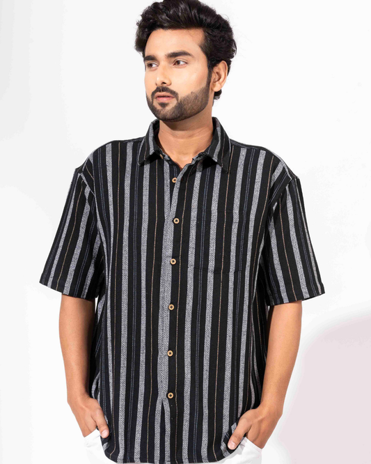 BLACK & GREY STRIPE HALF SLEEVE OVERSIZED SHIR