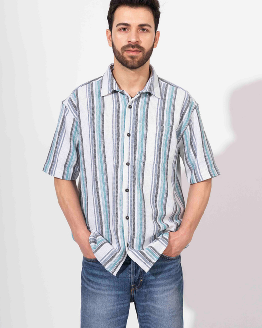 WHITE & INDIGO STRIPE HALF SLEEVE OVERSIZED SHIRT
