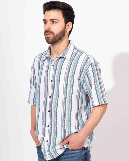 WHITE & INDIGO STRIPE HALF SLEEVE OVERSIZED SHIRT