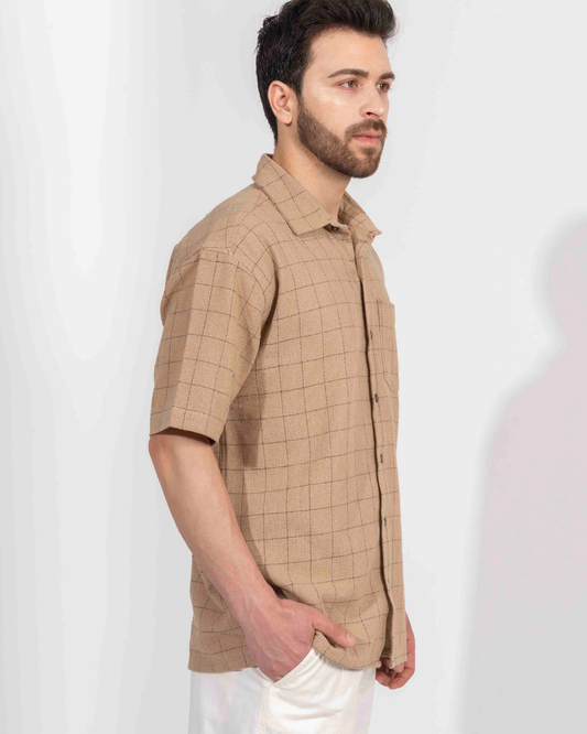 LIGHT BROWN PIN CHECK HALF SLEEVE OVERSIZED SHIRT