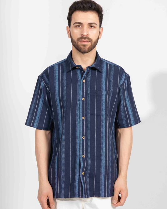 NAVY STRIPE HALF SLEEVE OVERSIZED SHIRT
