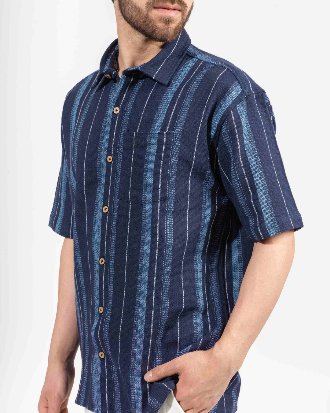 NAVY STRIPE HALF SLEEVE OVERSIZED SHIRT
