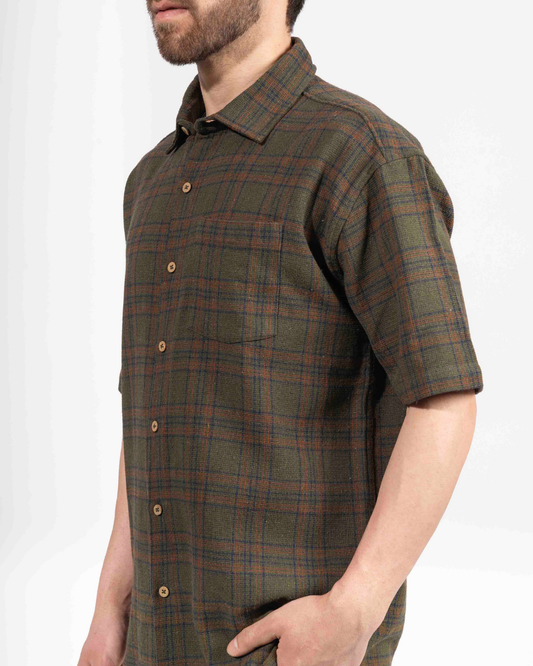 EARTHY GREEN CHECK HALF SLEEVE OVERSIZED SHIRT