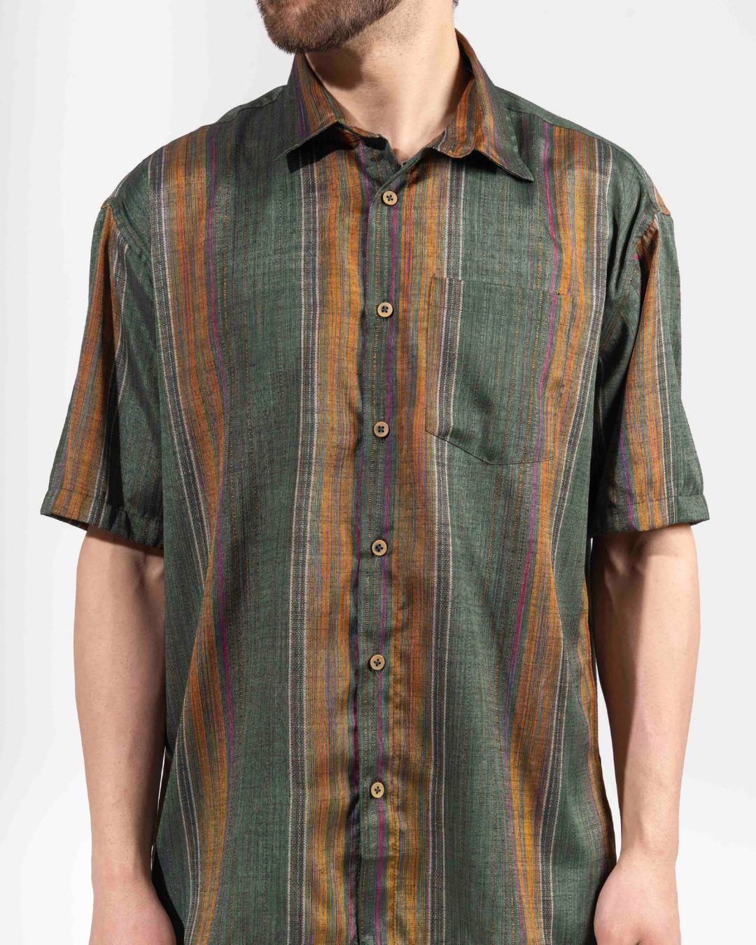 ARMY GREEN STRIPE HALF SLEEVE OVERSIZED SHIRT