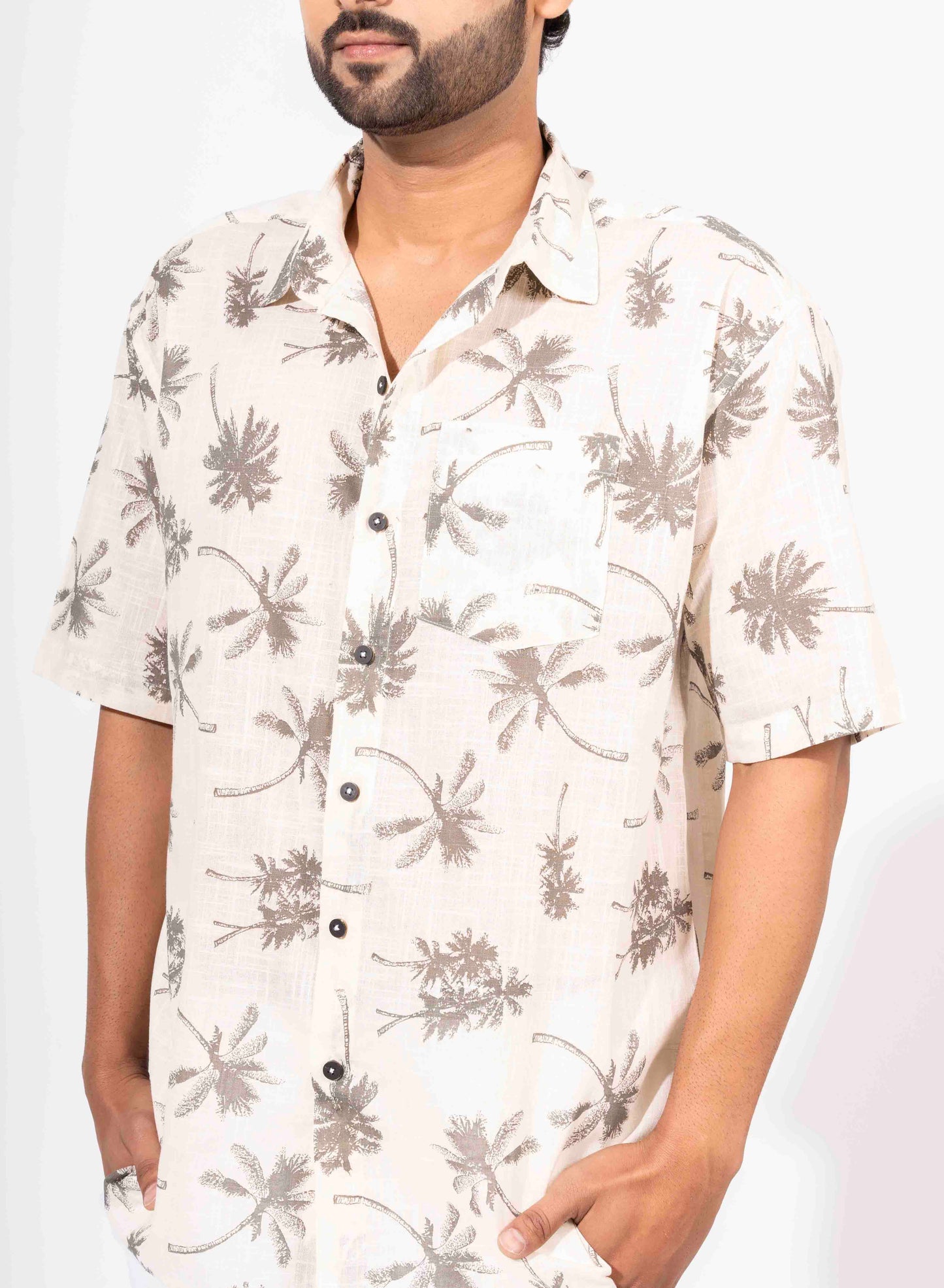 FLORAL PALM PRINT HALF SLEEVE OVERSIZED SHIRT