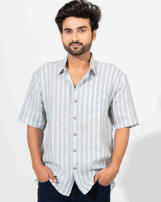 WHITE & BLUE COTTON STRIPE HALF SLEEVE OVERSIZED SHIRT