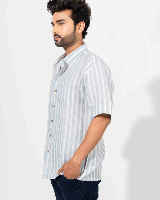 WHITE & BLUE COTTON STRIPE HALF SLEEVE OVERSIZED SHIRT