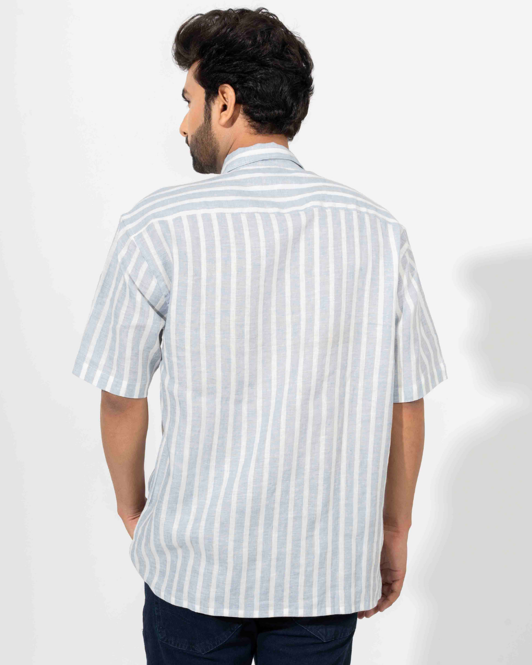 WHITE & BLUE COTTON STRIPE HALF SLEEVE OVERSIZED SHIRT