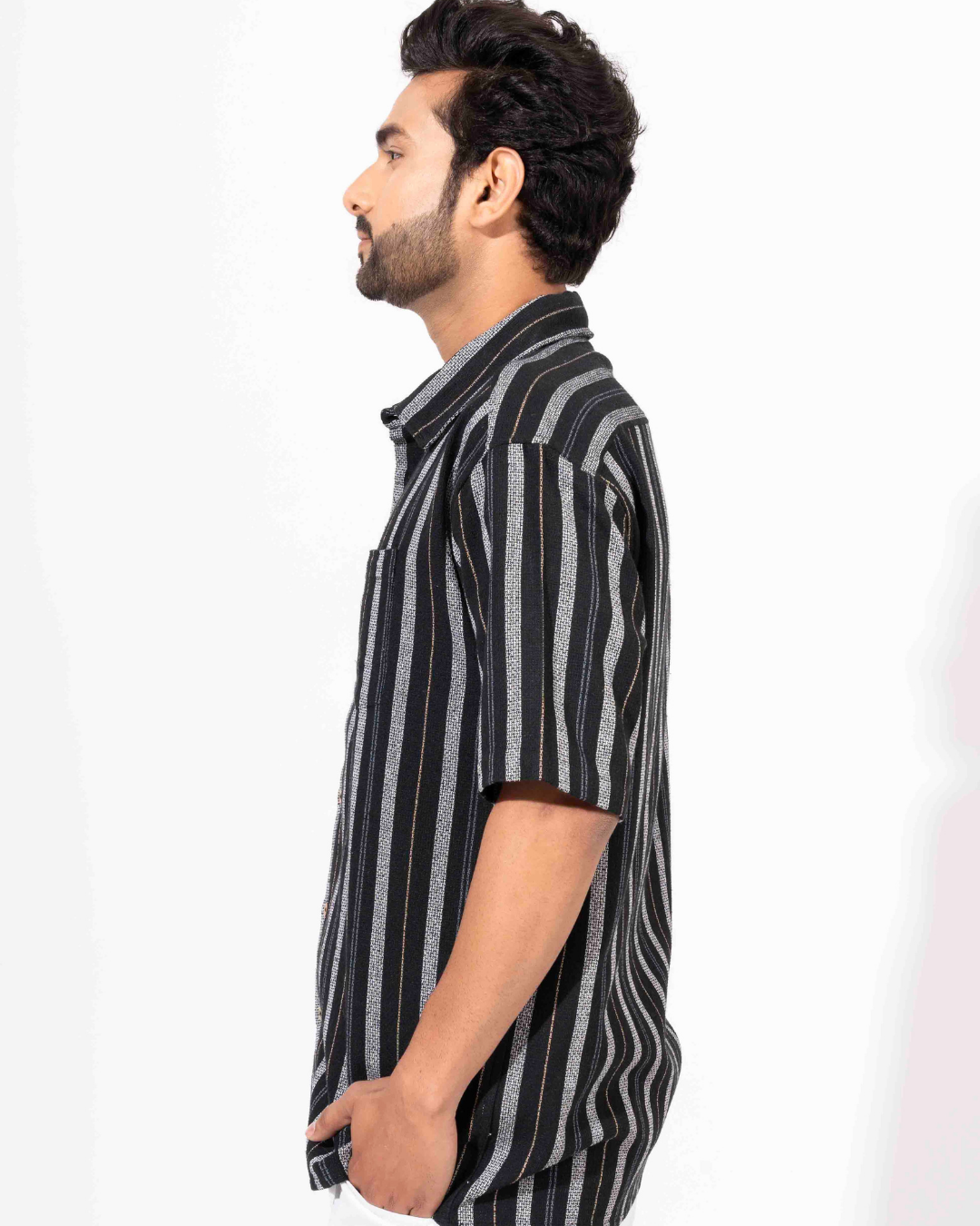 BLACK & GREY STRIPE HALF SLEEVE OVERSIZED SHIR