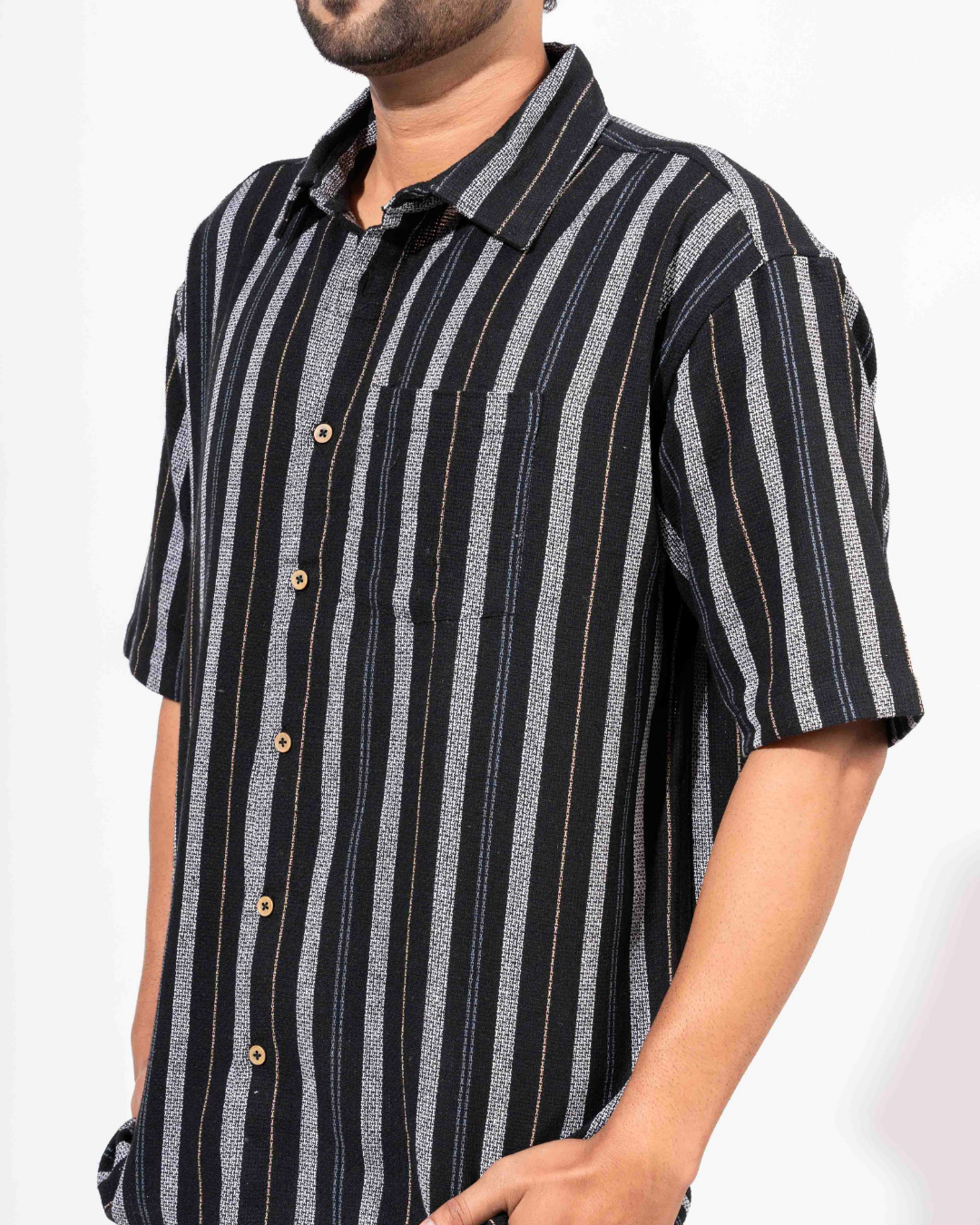 BLACK & GREY STRIPE HALF SLEEVE OVERSIZED SHIR