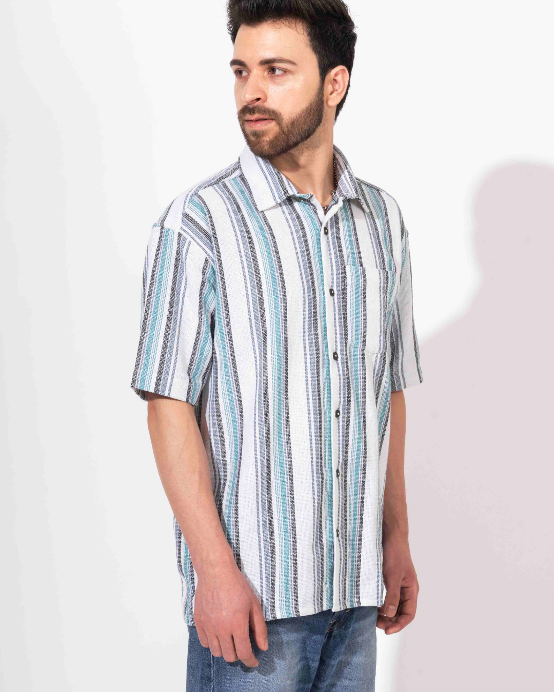 WHITE & INDIGO STRIPE HALF SLEEVE OVERSIZED SHIRT