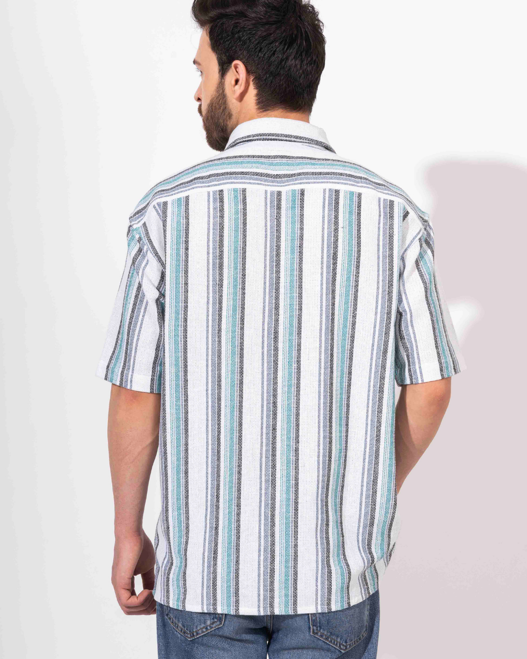 WHITE & INDIGO STRIPE HALF SLEEVE OVERSIZED SHIRT