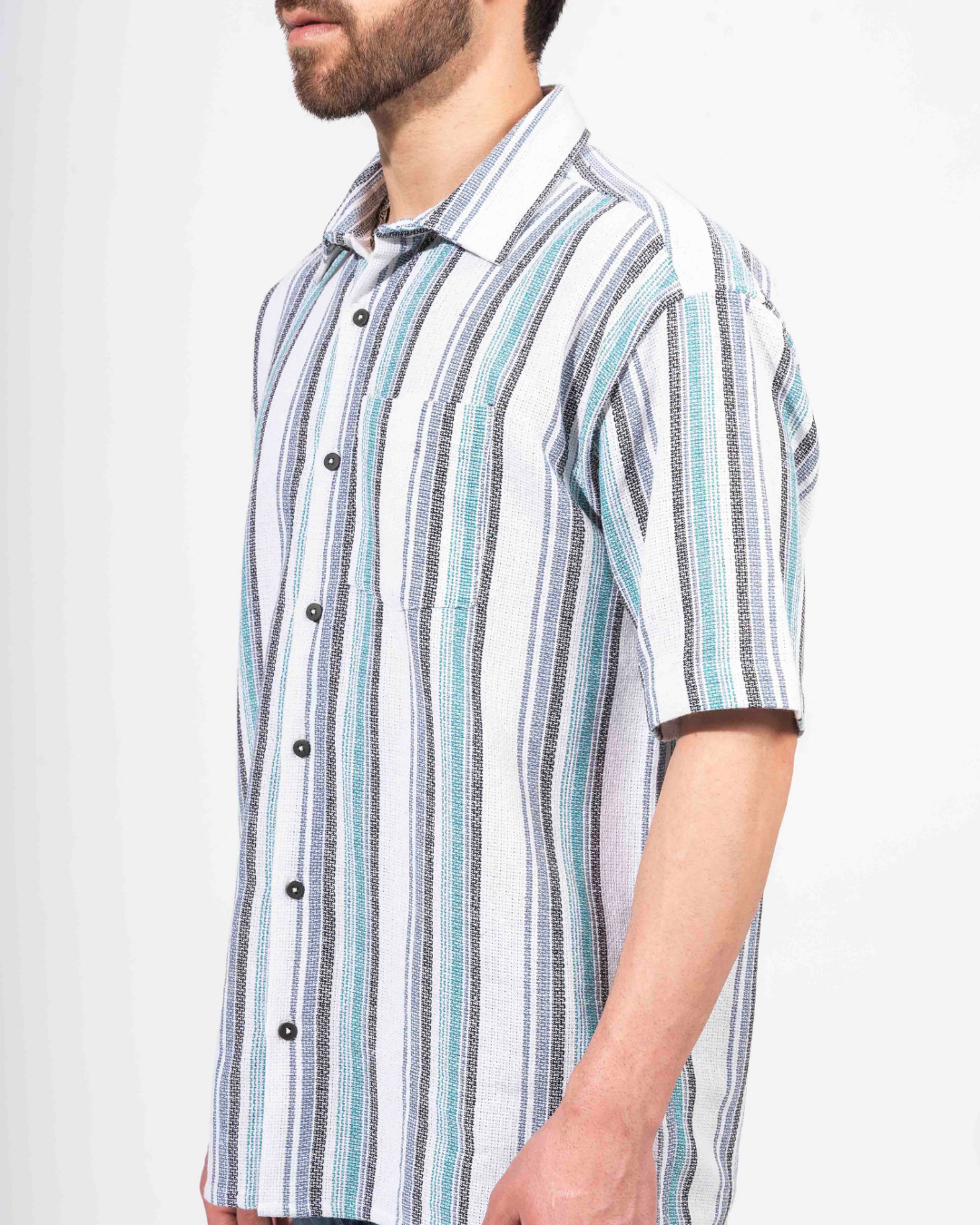 WHITE & INDIGO STRIPE HALF SLEEVE OVERSIZED SHIRT