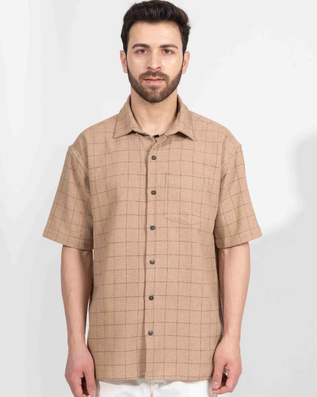 LIGHT BROWN PIN CHECK HALF SLEEVE OVERSIZED SHIRT