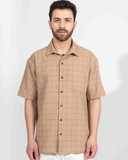 LIGHT BROWN PIN CHECK HALF SLEEVE OVERSIZED SHIRT