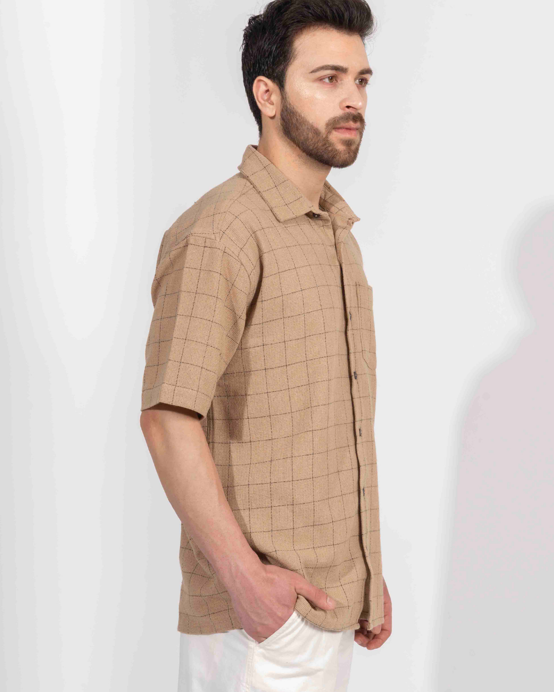 LIGHT BROWN PIN CHECK HALF SLEEVE OVERSIZED SHIRT