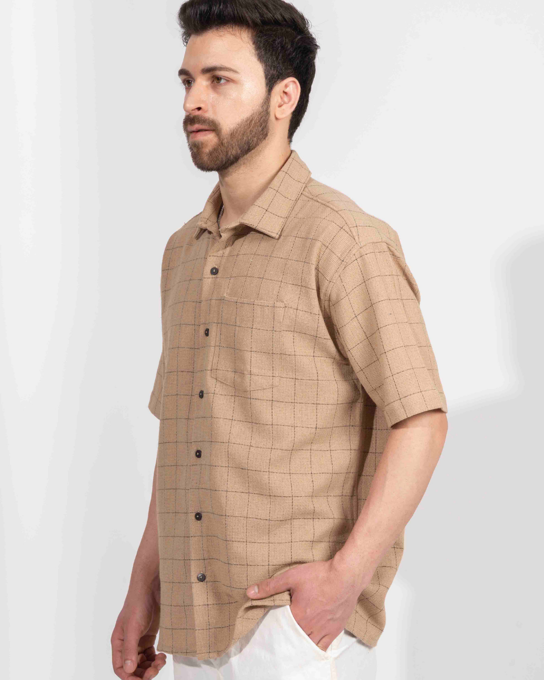 LIGHT BROWN PIN CHECK HALF SLEEVE OVERSIZED SHIRT