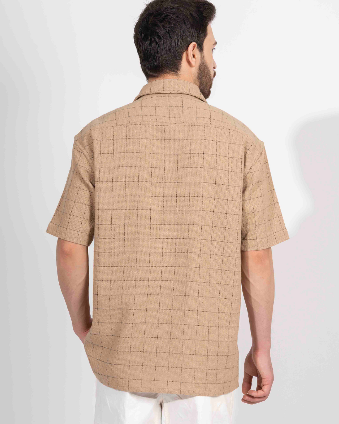LIGHT BROWN PIN CHECK HALF SLEEVE OVERSIZED SHIRT