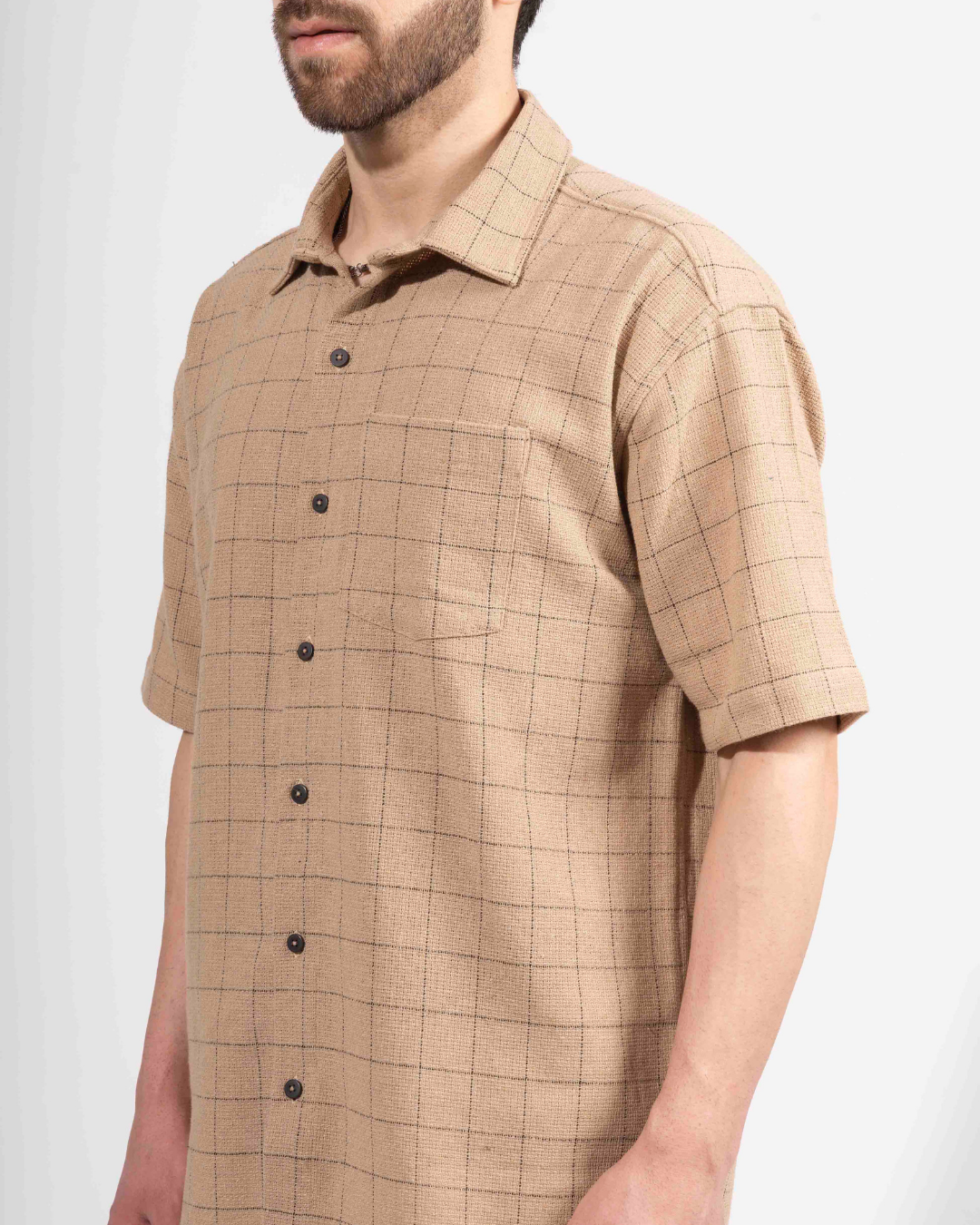 LIGHT BROWN PIN CHECK HALF SLEEVE OVERSIZED SHIRT