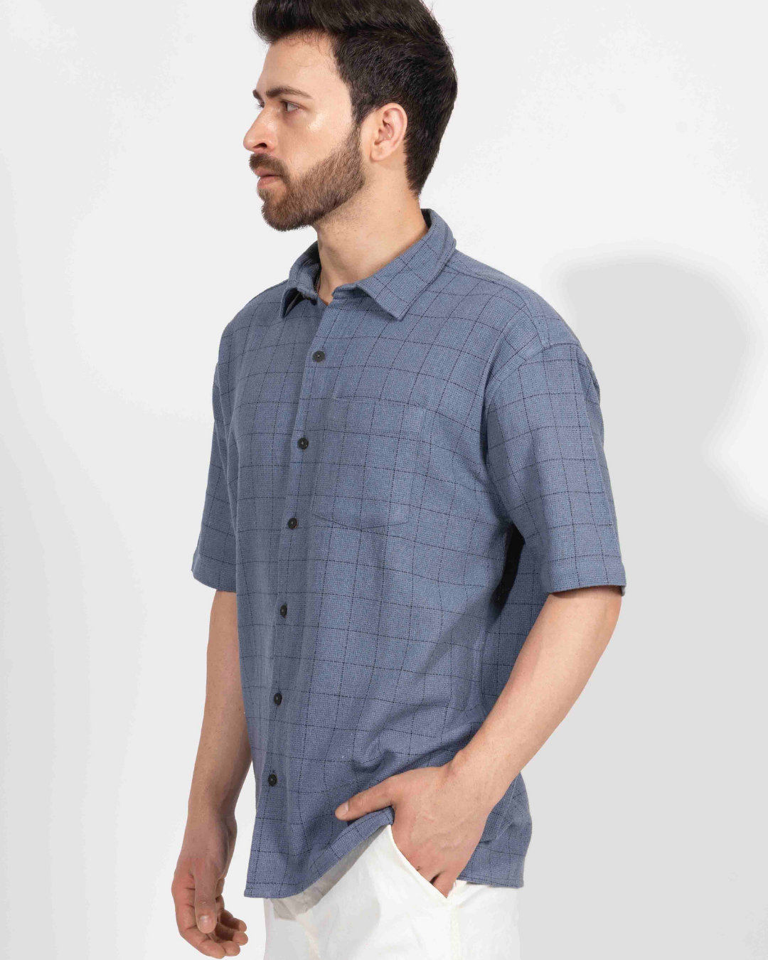 MUD BLUE PIN CHECK HALF SLEEVE OVERSIZED SHIRT