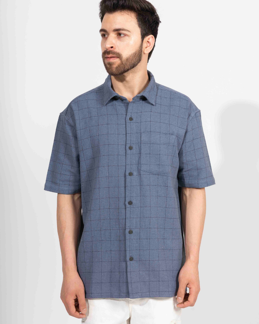 MUD BLUE PIN CHECK HALF SLEEVE OVERSIZED SHIRT