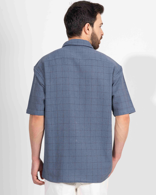 MUD BLUE PIN CHECK HALF SLEEVE OVERSIZED SHIRT