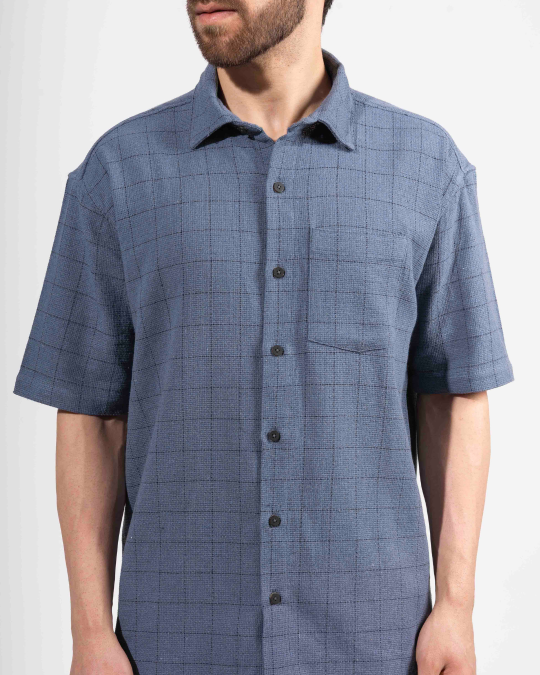 MUD BLUE PIN CHECK HALF SLEEVE OVERSIZED SHIRT