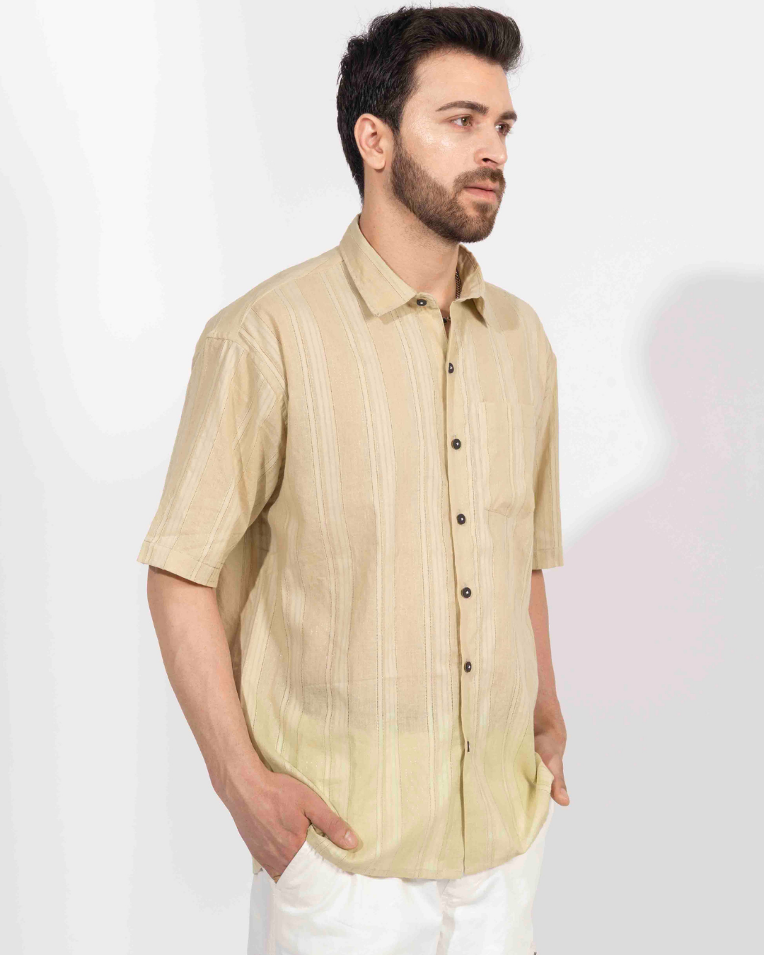 BEIGE STRIPE HALF SLEEVE OVERSIZED SHIRT