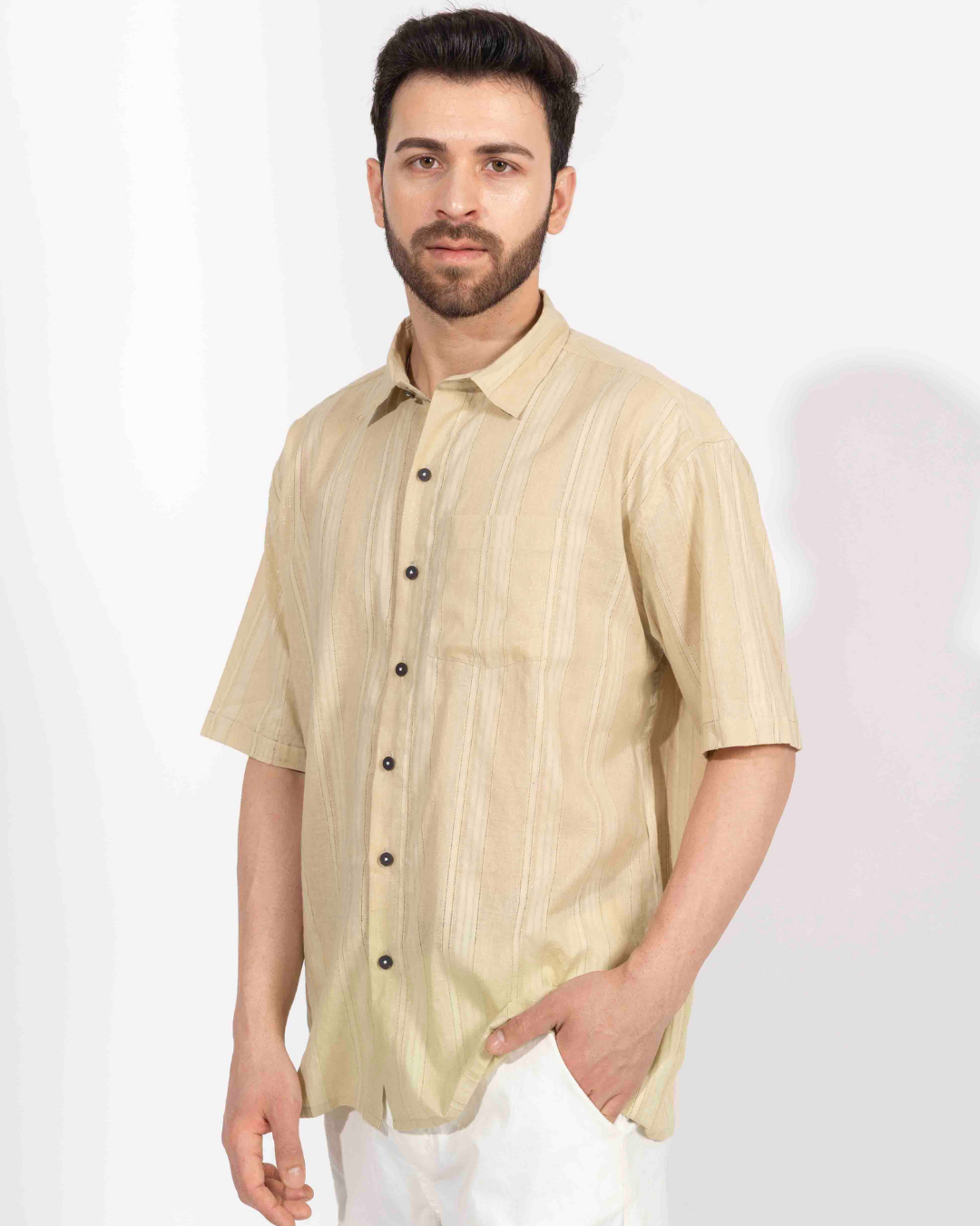 BEIGE STRIPE HALF SLEEVE OVERSIZED SHIRT