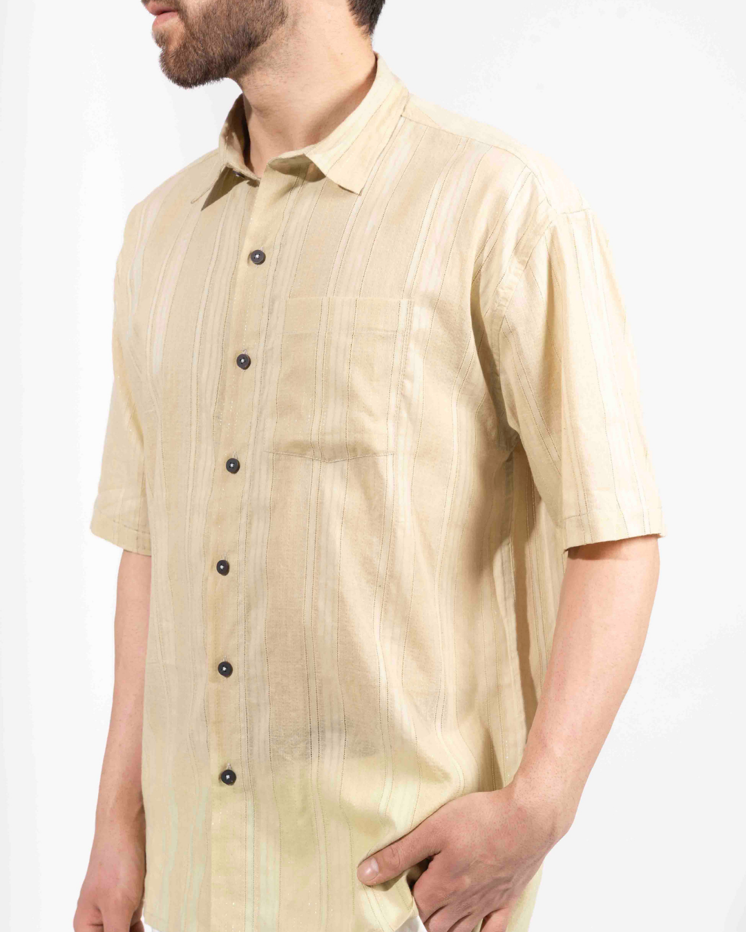 BEIGE STRIPE HALF SLEEVE OVERSIZED SHIRT