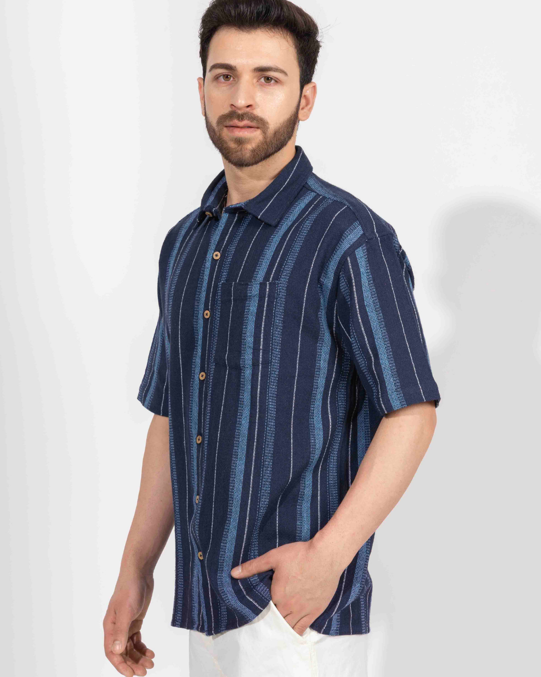 NAVY STRIPE HALF SLEEVE OVERSIZED SHIRT