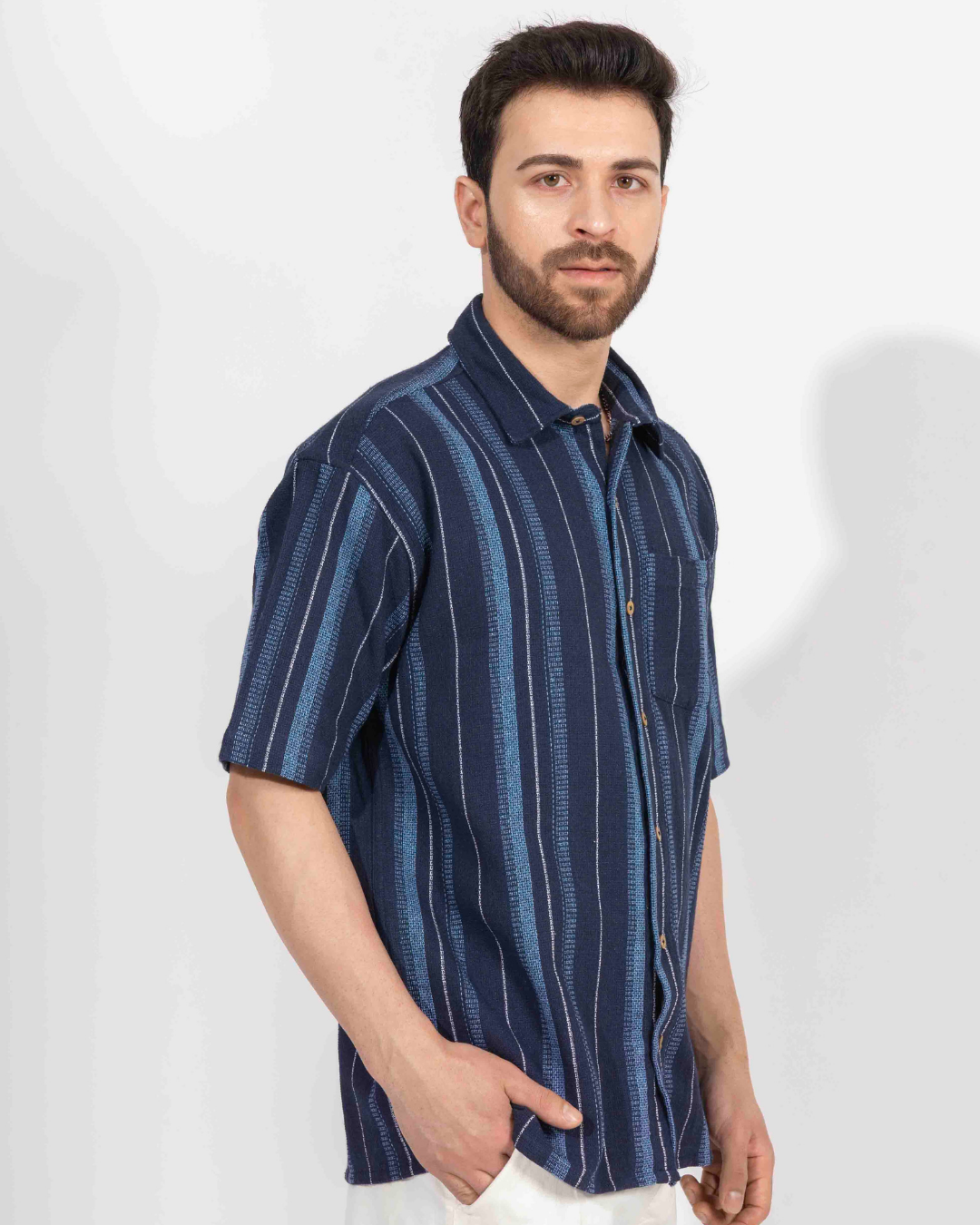 NAVY STRIPE HALF SLEEVE OVERSIZED SHIRT
