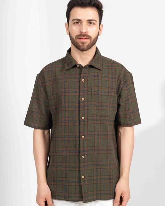 EARTHY GREEN CHECK HALF SLEEVE OVERSIZED SHIRT