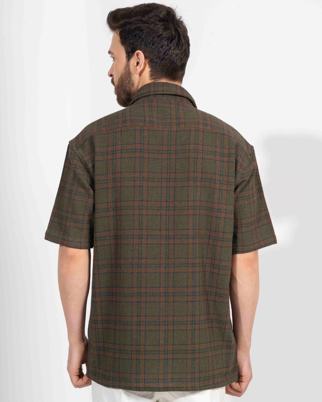 EARTHY GREEN CHECK HALF SLEEVE OVERSIZED SHIRT