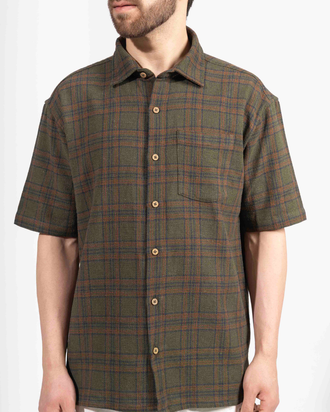 EARTHY GREEN CHECK HALF SLEEVE OVERSIZED SHIRT