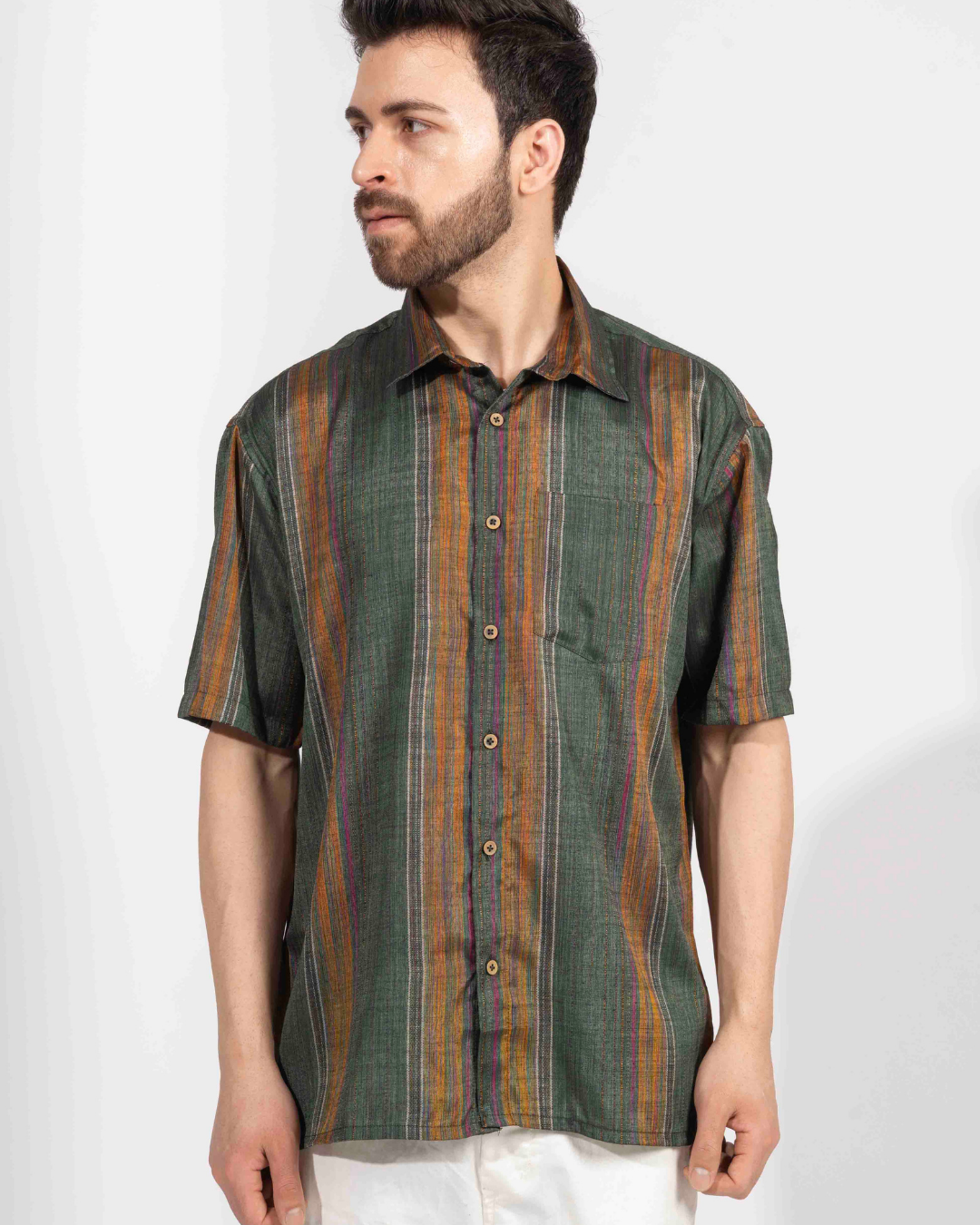 ARMY GREEN STRIPE HALF SLEEVE OVERSIZED SHIRT