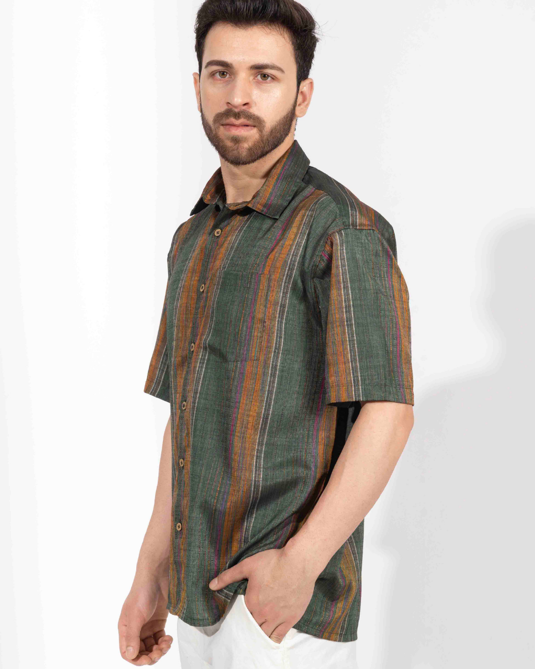 ARMY GREEN STRIPE HALF SLEEVE OVERSIZED SHIRT