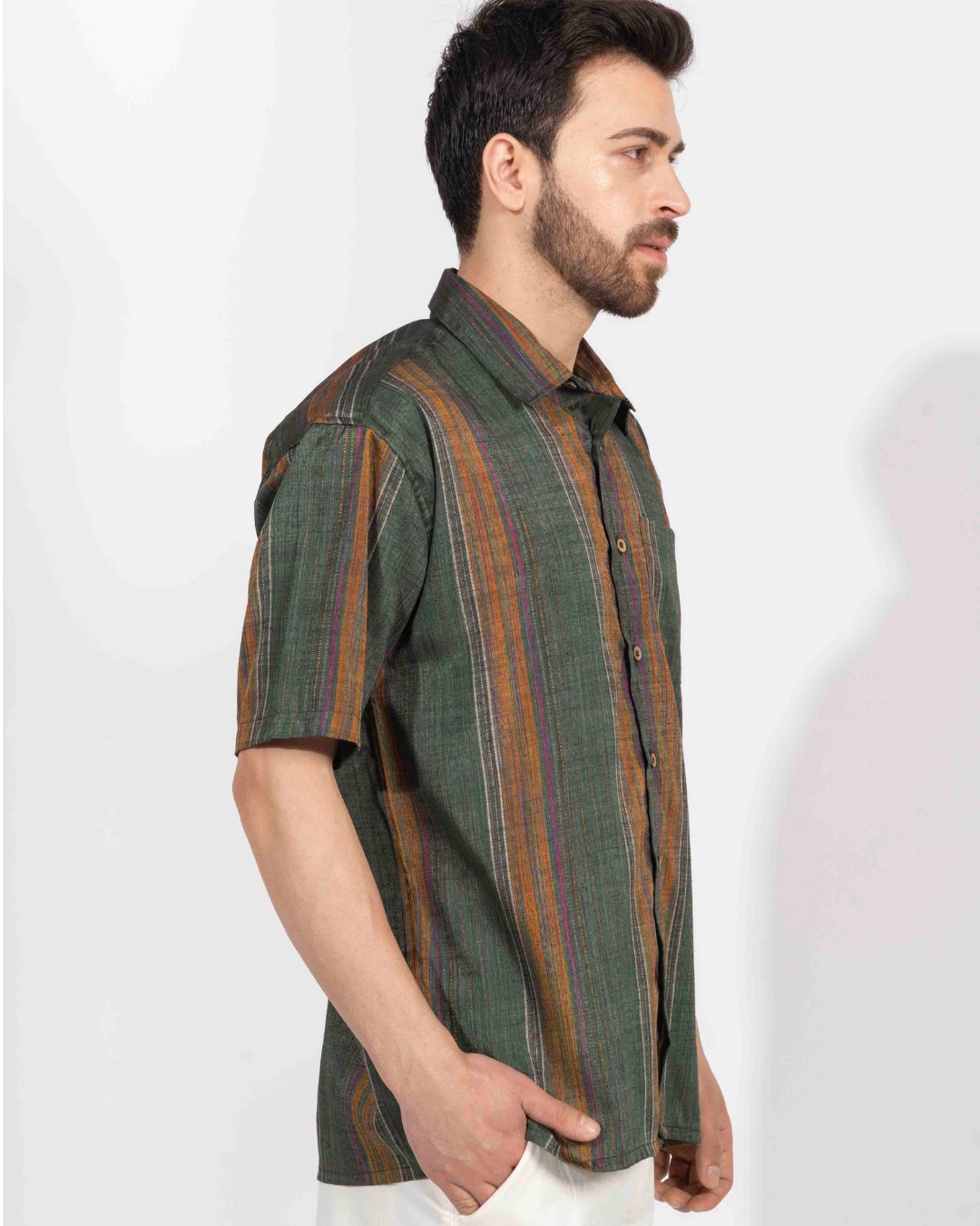 ARMY GREEN STRIPE HALF SLEEVE OVERSIZED SHIRT