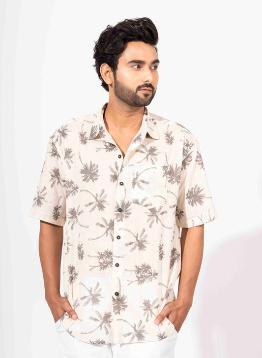 FLORAL PALM PRINT HALF SLEEVE OVERSIZED SHIRT
