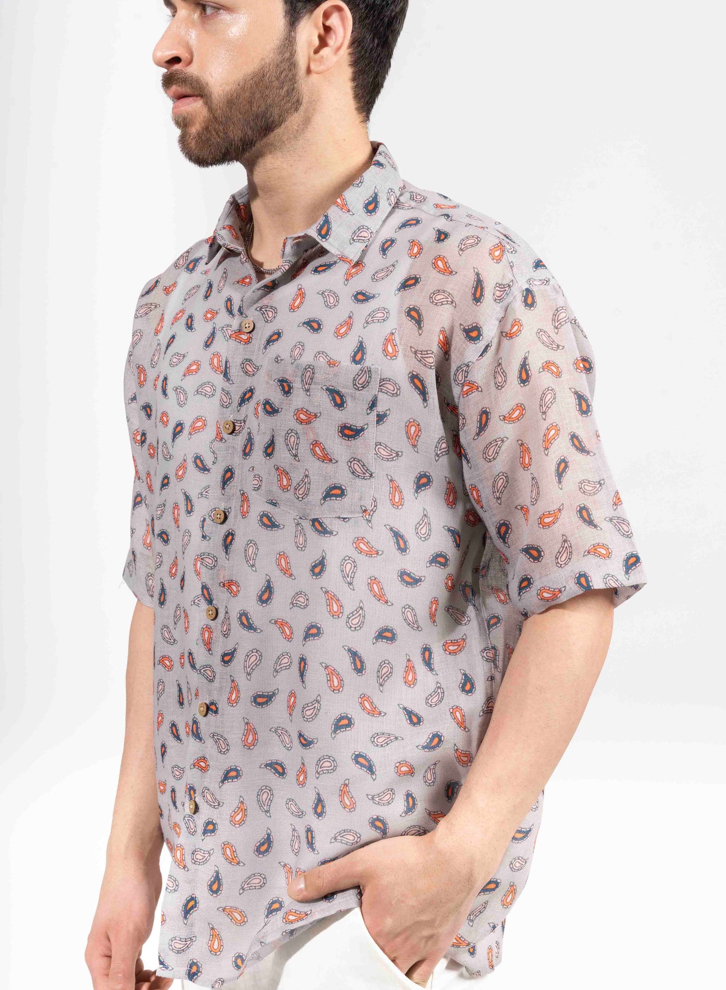 PAISLEY PRINT HALF SLEEVE OVERSIZED SHIRT