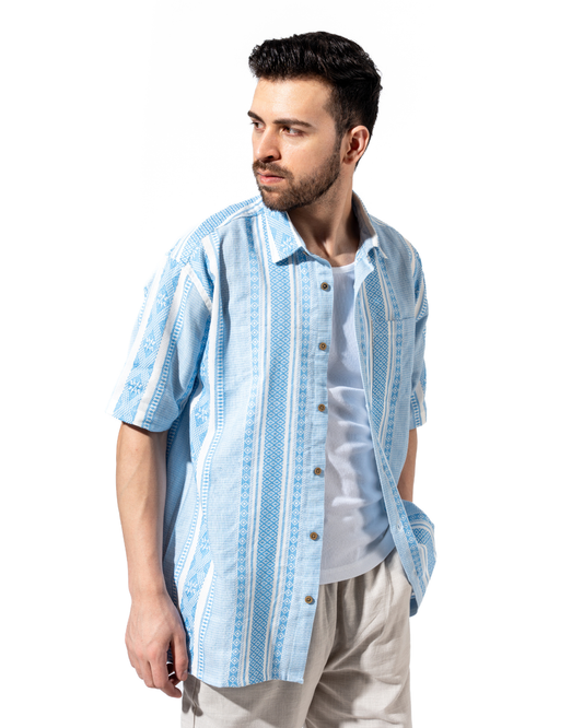 INDIGO STRIPE HALF SLEEVE OVERSIZED SHIRT