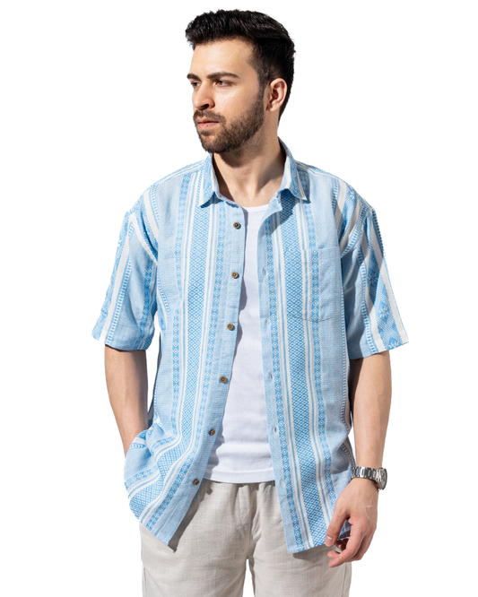 INDIGO STRIPE HALF SLEEVE OVERSIZED SHIRT